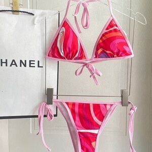 Emilio Pucci Pink and Red Swirl Triangle String Bikini Top